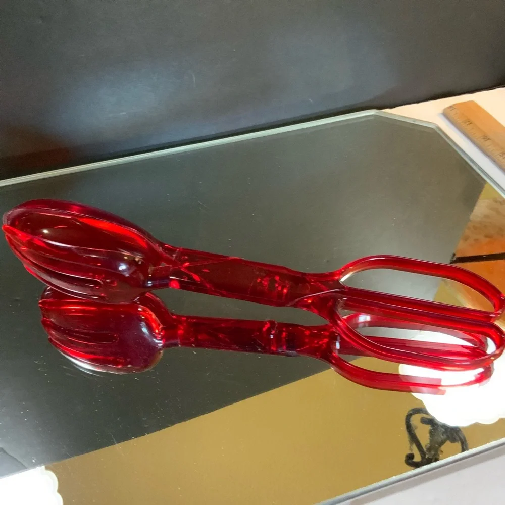 Red Salad Tongs Fork and Spoon Plastic Vibrant Red 11 1/2 in Long NOS #67